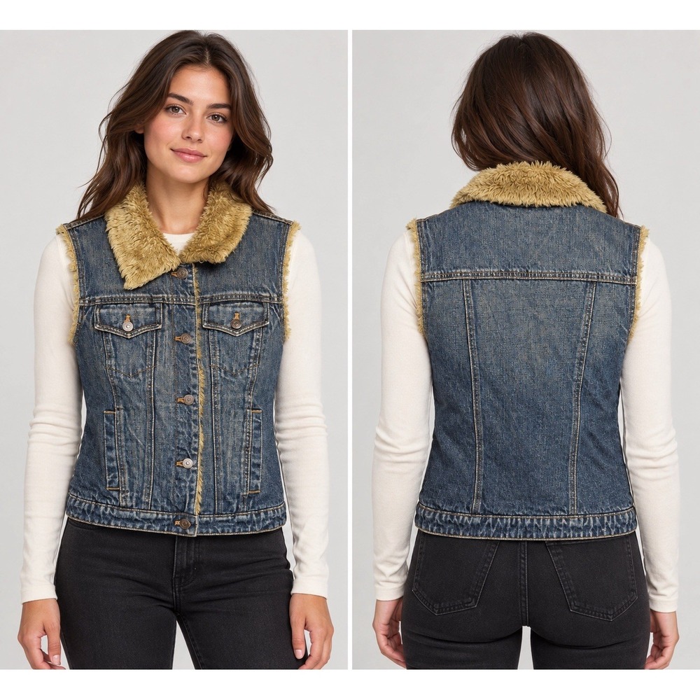Vintage Y2K GAP Denim Trucker Vest Fur Lined Button Front Fall 2002 Western